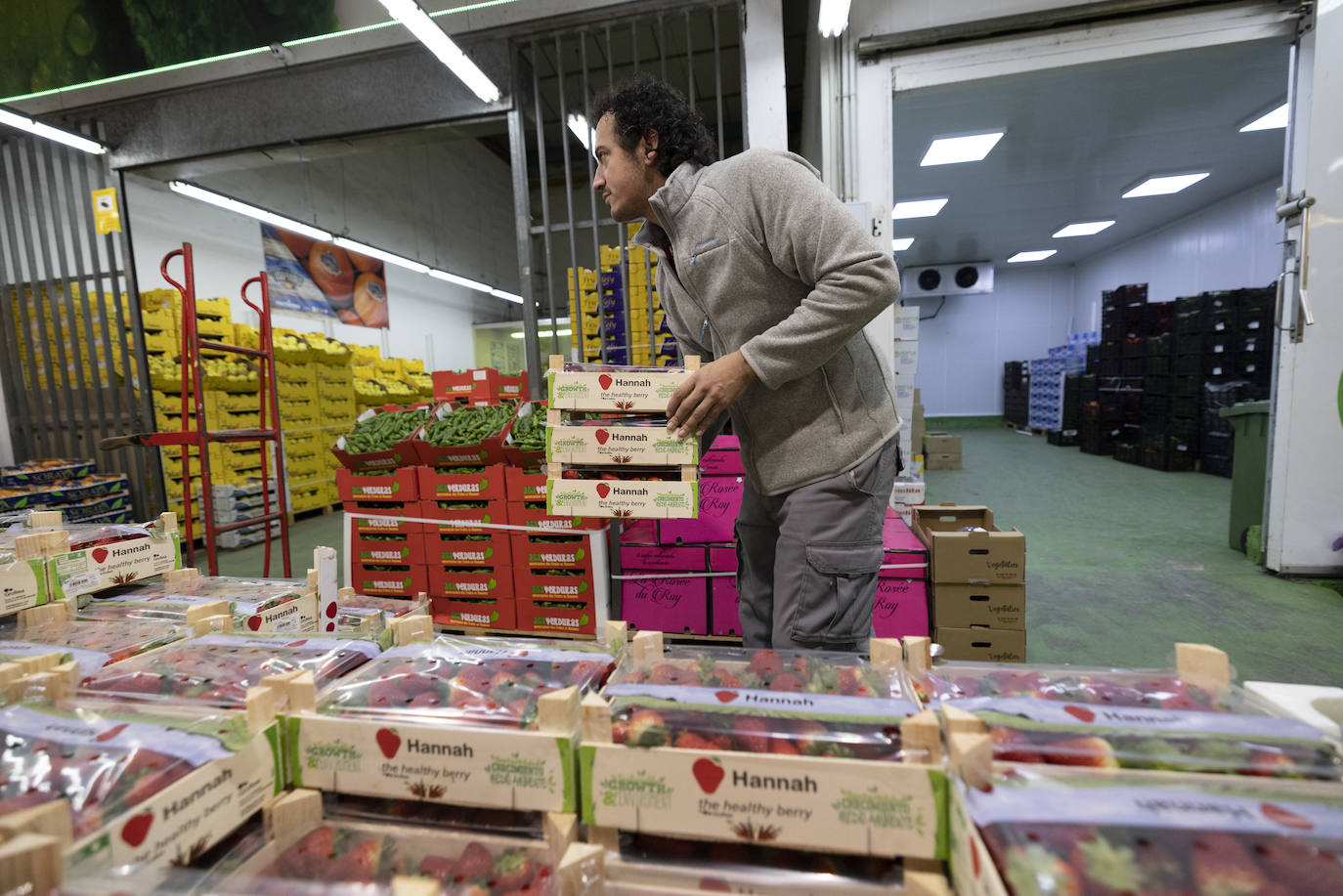 Un mayorista carga con manzanas por el pasillo principal del pabellón de frutas, hortalizas y patatas de Mercasantander.