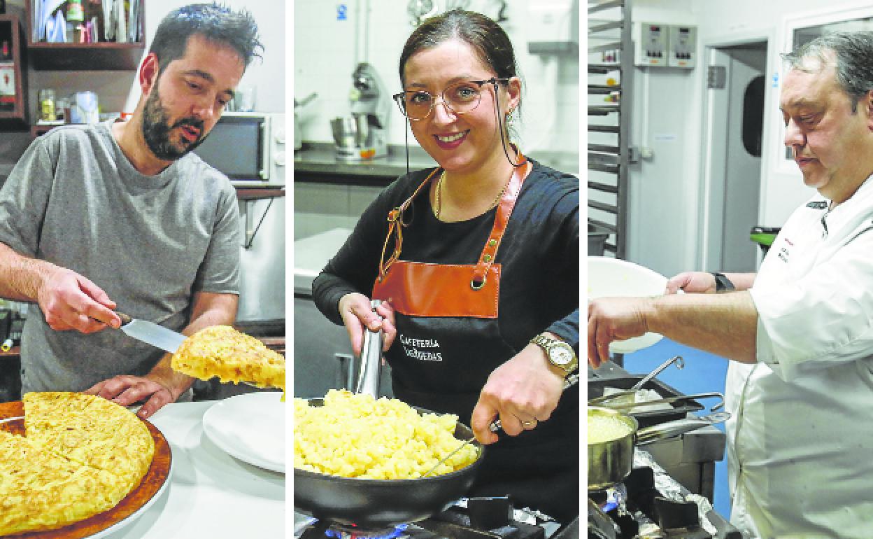 Carlos del Val, con su tortilla tradicional. Elena Bandac, durante el pochado de la patata. Y Luis Miguel González, en plena elaboración del pincho ganador. 