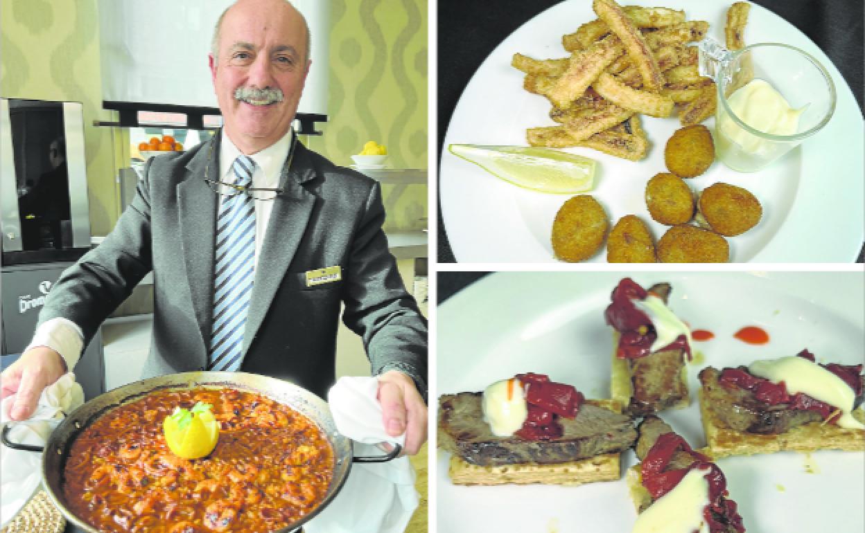 A la izquierda, el maitre Marcelino Simón presenta un delicioso arroz del señorito. A la derecha, fritos de rabas y croquetas con ali oli, y bocados de presa sobre hojaldre.