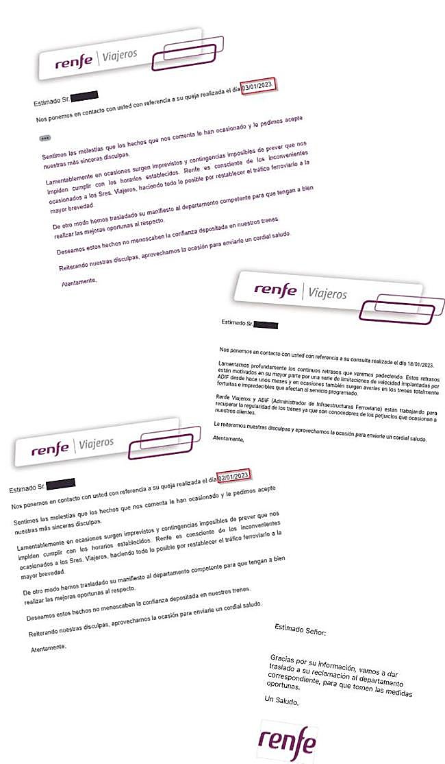 Las dos primeras fotos se corresponden a la respuesta que dio Renfe a un usuario por una reclamación por el retraso del tren. Se trata de una respuesta automática. El texto de la tercera foto llegó al mismo usuario 44 días después de su mensaje. La última imagen también es una respuesta automática.