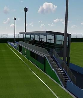 Imagen secundaria 2 - Tres detalles del proyecto. Las dos gradas gemelas y cubiertas tendrán además un almacén para que los equipos no necesiten trasladar todo el material al edificio multiusos. Los asientos serán, como los de los Campos de Sport en el futuro, verdes.