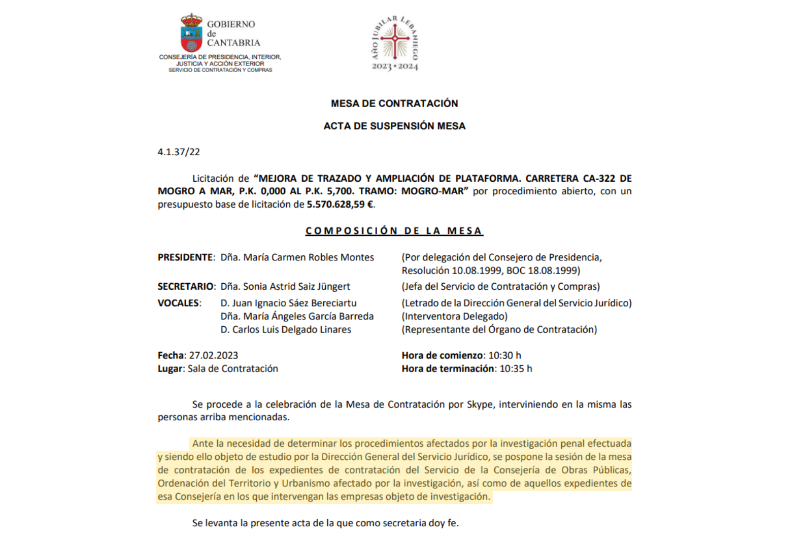 Extracto del acta de la mesa de contratación