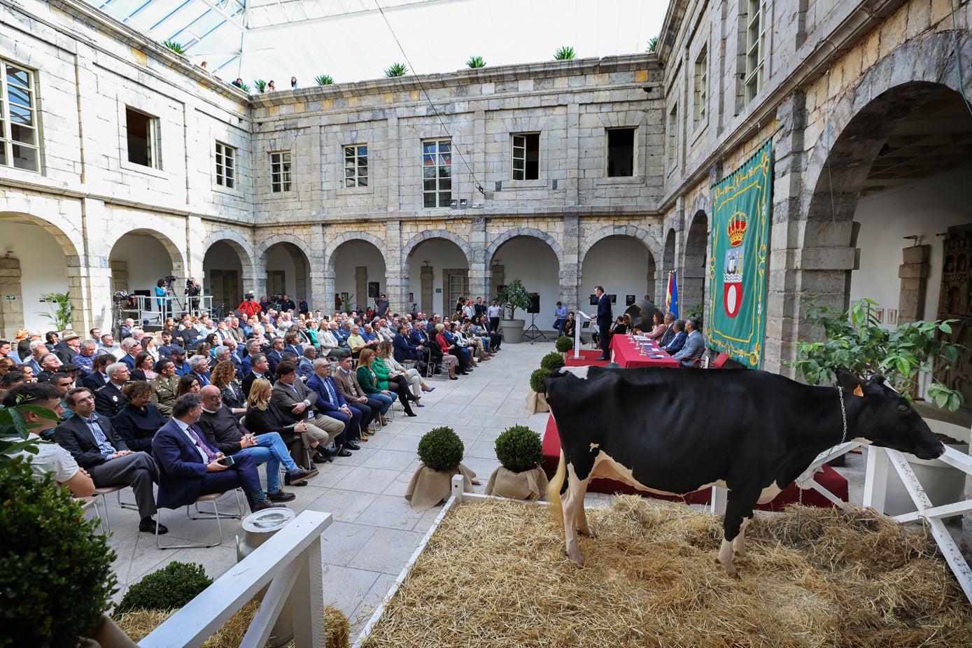 La vaca Ariel observa los discursos del acto desde el espacio habilitado especialmente para ella.