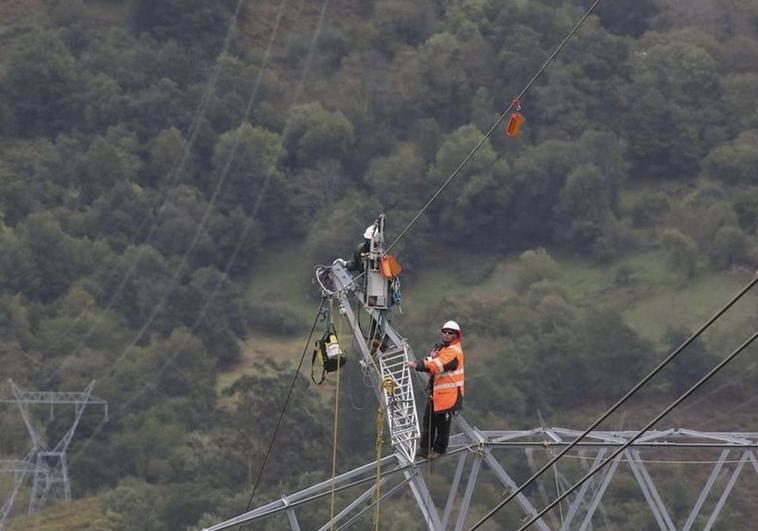 Funcionarios de Red Eléctrica instalando protectores para os quebrantahuesos.