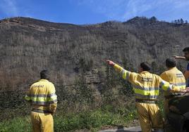 Un operario del Medio Natural señala la ladera de la montaña que se ha quemado.