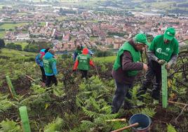 Una treintena de personas plantaron árboles autóctonos en una parcela que se eleva al oeste del valle de Buelna, en el monte Orza.