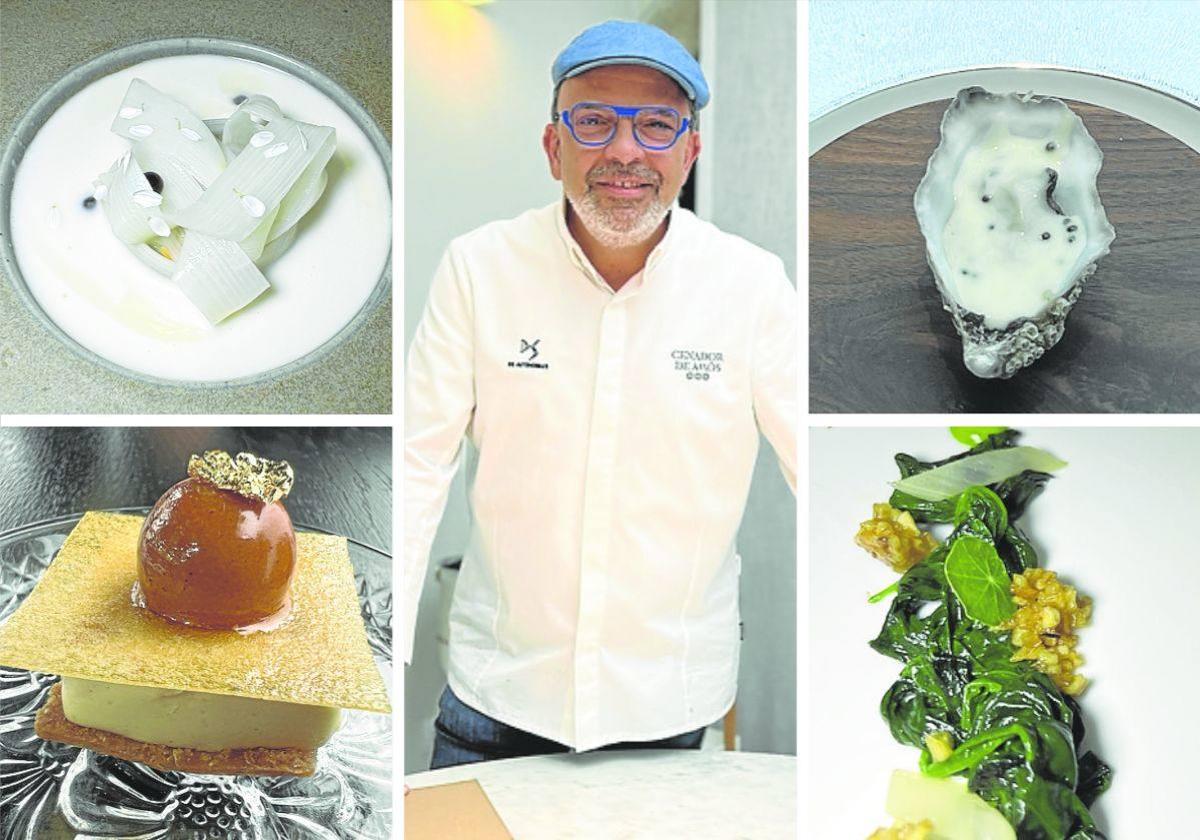 Jesús Sánchez con cuatro de los platos de su menú degustación.