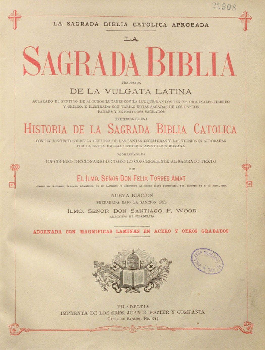 Impresa en 1883, la 'Sagrada Biblia' se acompaña de un copioso diccionario de Félix Torres. 