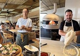 A la izquierda, Beatriz Teja, jefa de sala, experiencia y buen trato con el cliente. A la derecha, e chef Alex Ortiz prepara una masa y el horno al fondo.