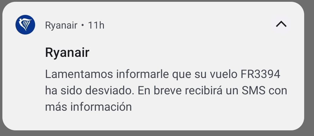 Mensaje enviado por la compañía a los viajeros.