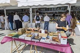 Detalle de las casetas de la Feria del Libro Viejo en la plaza de Alfonso XIII.