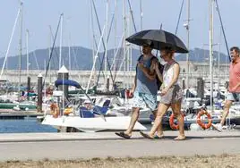 Dos paseantes, ayer, se protegen del sol con un paraguas mientras caminan por el Paseo Marítimo.