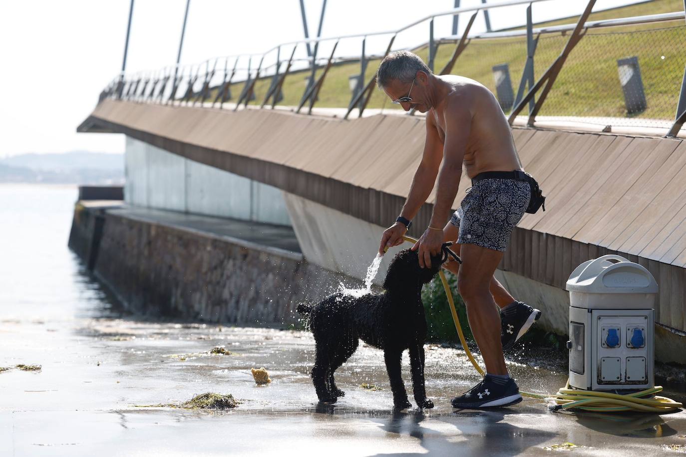 Un hombre moja a su perro en la Duna de Zahera.