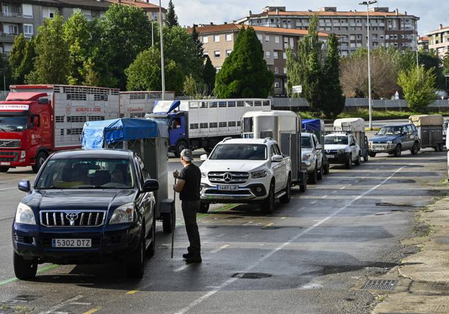 Larga cola de vehículos y camiones, en el acceso al recinto.