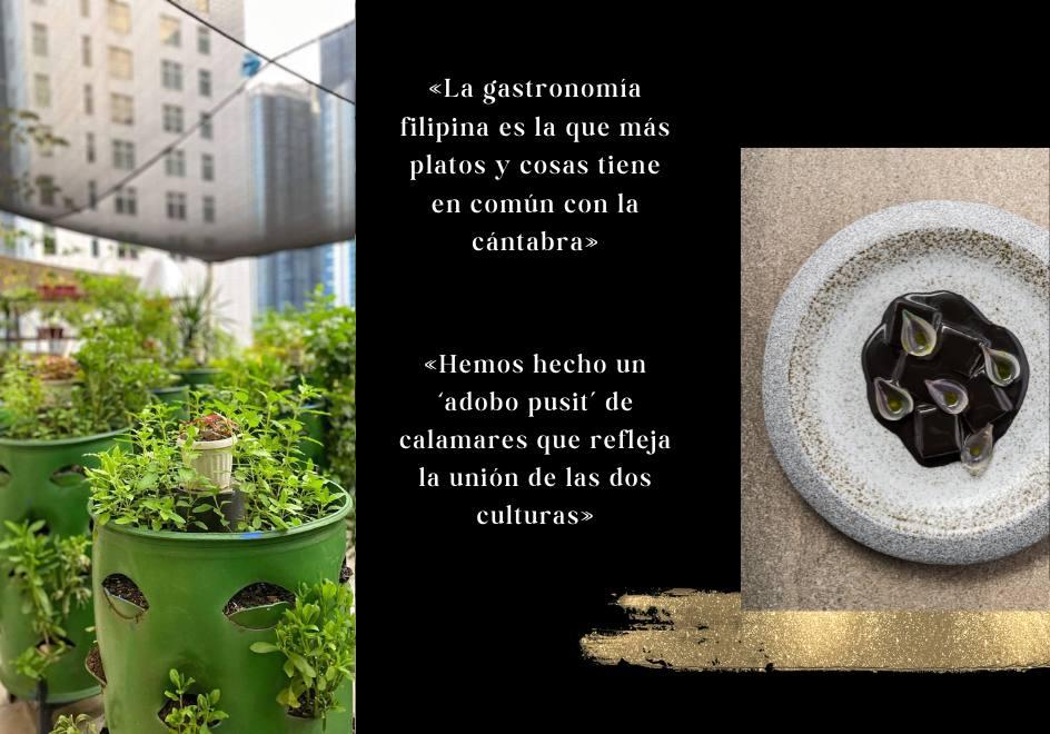 El jardín exterior del restaurante y el plato 'adobo pusit' de calamares, un homenaje a la gastronomía cántabra.