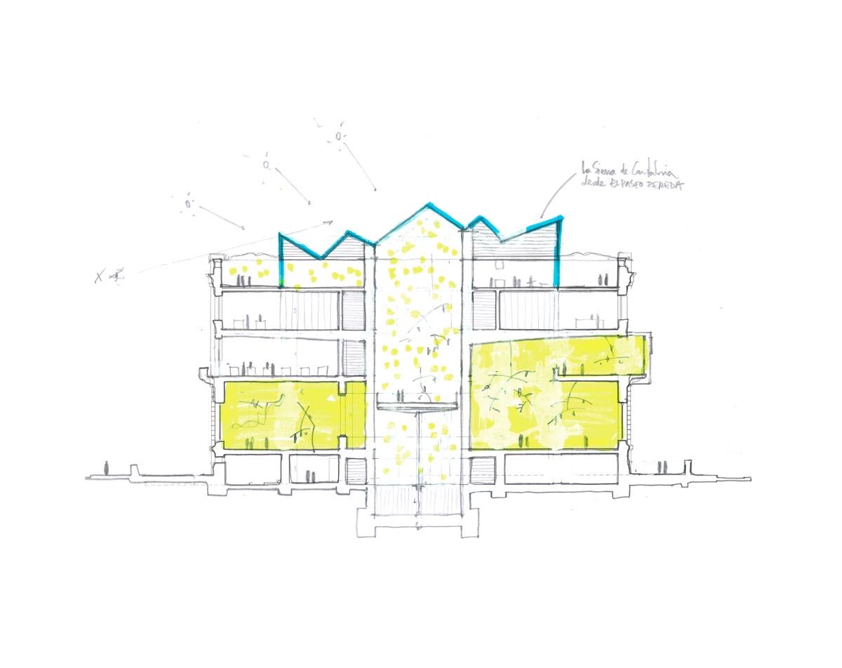 Boceto en sección del proyecto para el edificio del Banco de España-Reina Sofía