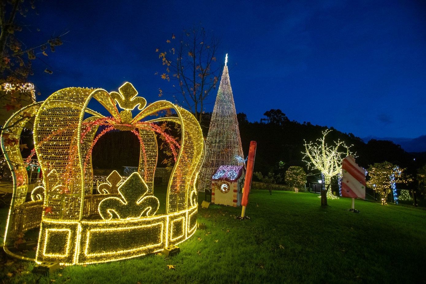 Una gran corona y un árbol, entre los objetos decorativos.