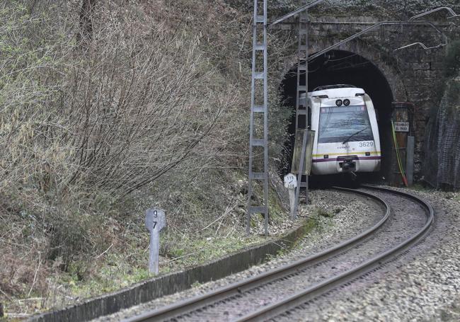 Un tren de ancho métrico (el asociado a Feve), saliendo de un túnel.