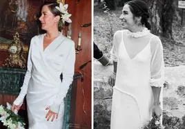 A la izquierda, Arantxa Vidal el día de su boda en 1990. A la derecha, su hija Ana Marquínez en su 'Día B', el 30 de julio de 2021. Ambas eligieron al modista Luis Alonso para que confeccionara sus vestidos.