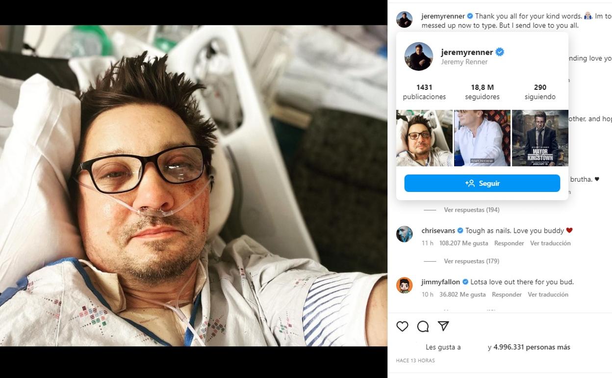 El actor de Marvel Jeremy Renner ha publicado una foto en su Instagram para agredecer las «palabras de cariño». 