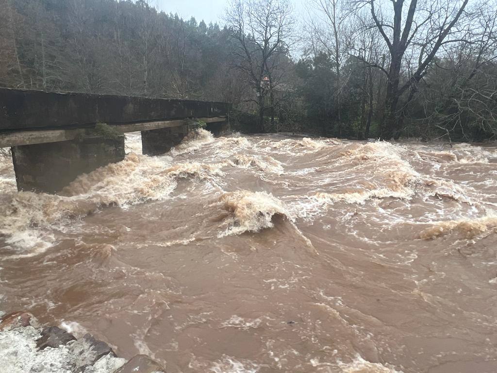 Olas en el curso del Miera a su paso por uno de los puentes en La Cavada.