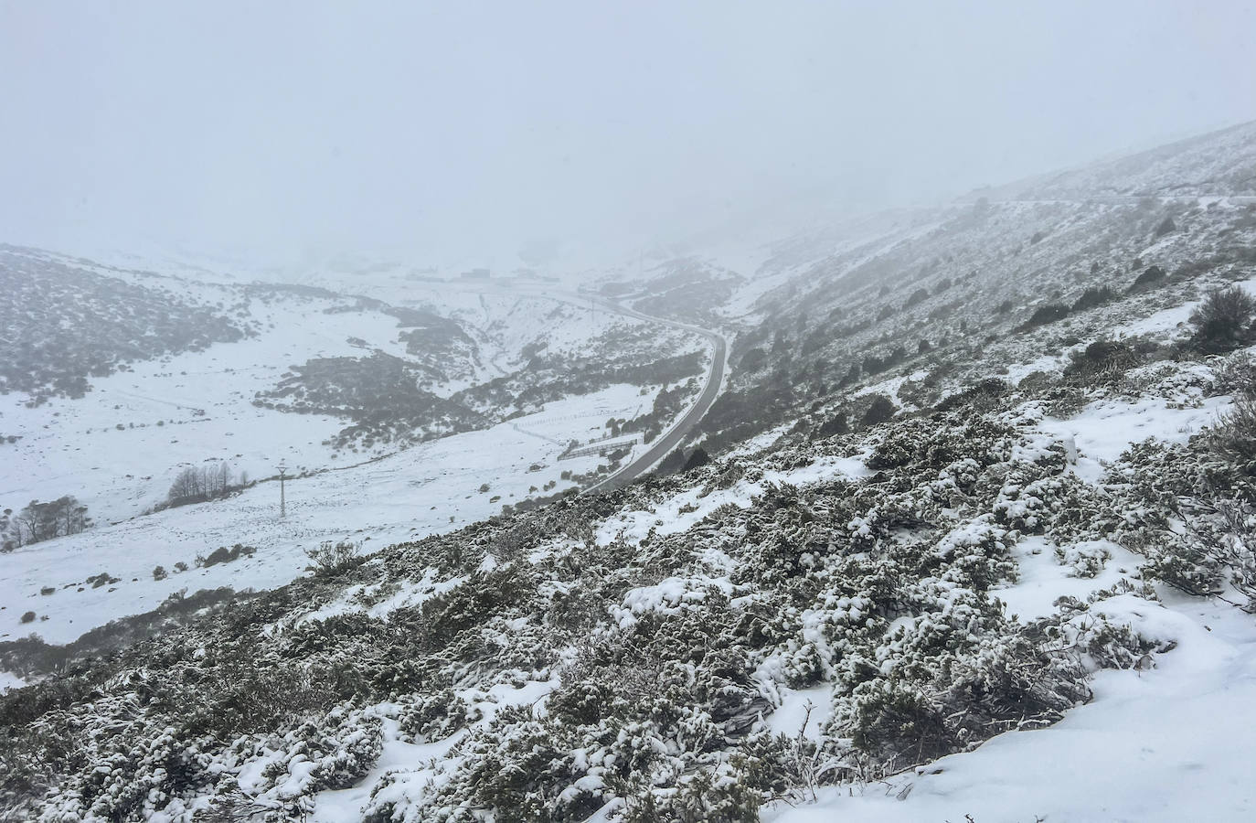 El acceso a la Estación de Altoo Campoo ya presenta un paisaje blanqueado por la nieve.