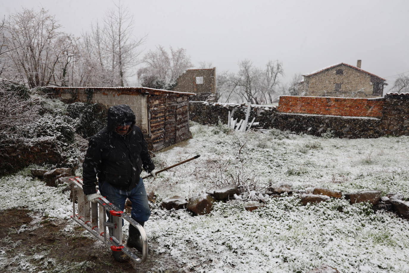 Un vecino de Basieda trabajando entre la nieve que empezó a caer este mediodía.