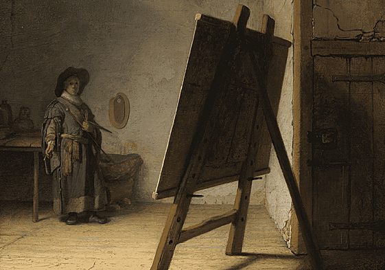 'Artista en su estudio', Rembrandt Harmensz. van Rijn. Óleo sobre tabla, 24,8 x 31,7 cm, h. 1628.