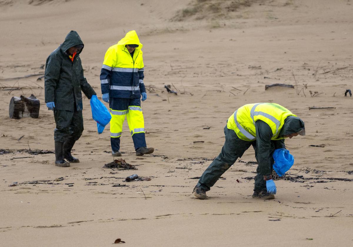 Los operarios de la empresa pública Tragsa retiran los pélets encontrados en la playa de Valdearenas, en Liencres.