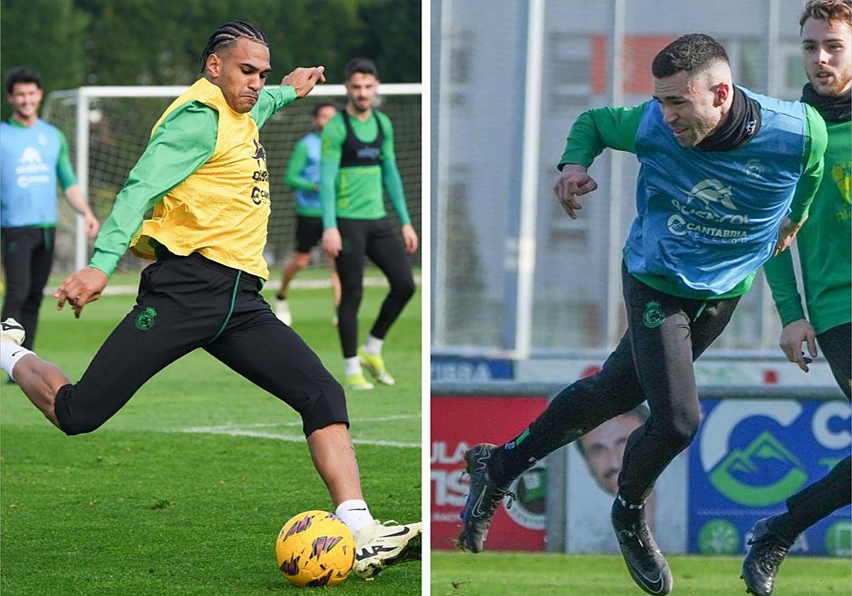 Jordi Mboula, a la izquierda, y Manu Hernando, en el primer entrenamiento con el Racing a su llegada ayer a Santander.