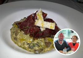 Revuelto de champiñones y cecina. En el círculo, Víctor y Rosa.