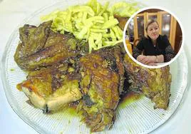 Gallo de corral guisado con una guarnición de patatas fritas. En el círculo, Pilar Navarro, jefa de cocina y propietaria.