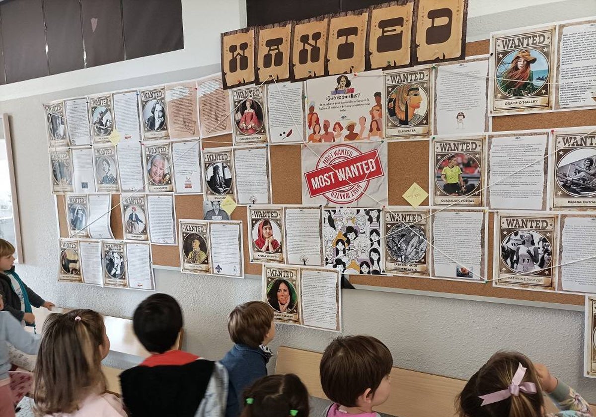 Alumnado del CEIP Costa Quebrada ante un panel con personajes históricos del proyecto 'Time Traveler'.