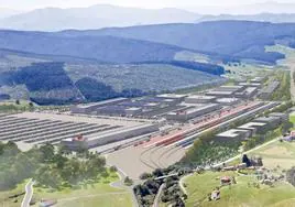 Infografía del centro logístico de La Pasiega, con la estación intermodal ferroviaria en primer término.