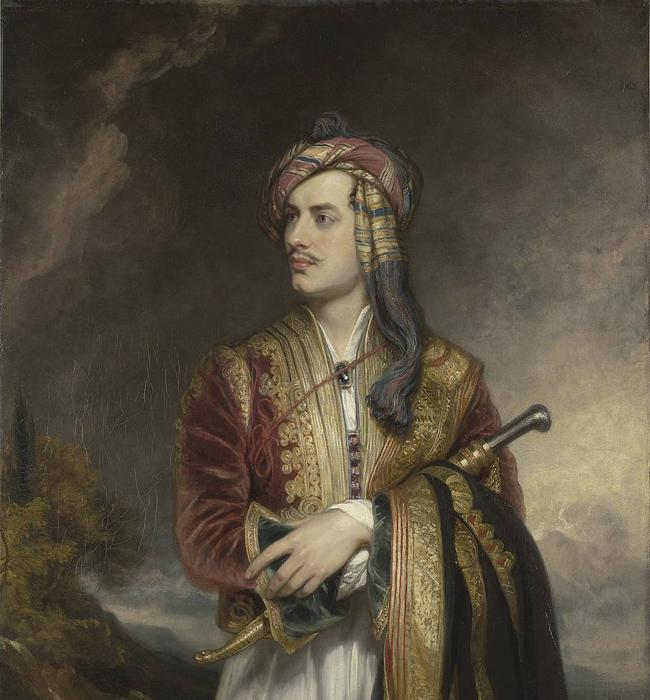 Mítico retrato de Byron (de Thomas Philips) con el traje típico albanés.