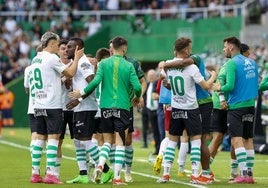 Celebración del primer gol del Racing de esta tarde.