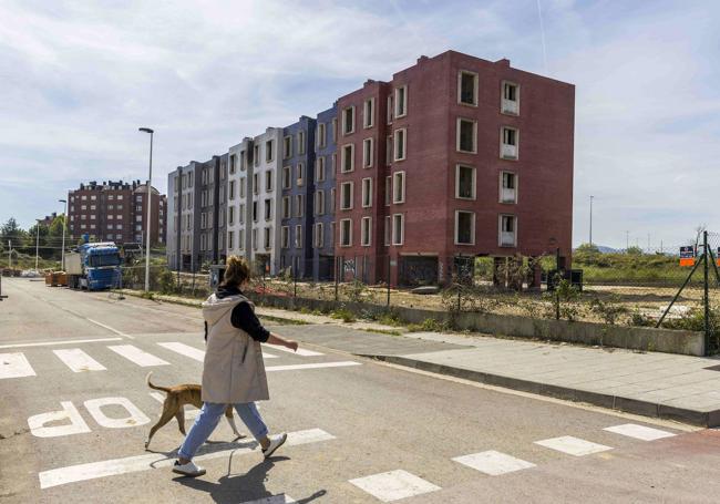 Una mujer pasea por delante del 'edificio de los albaneses' con su perro.