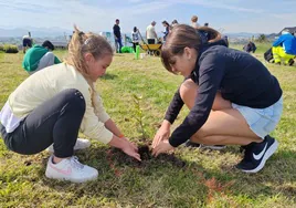 Dos alumnas del colegio Costa Quebrada plantan una encina en una parcela destinada a la actividad, en la sierra de Soto de la Marina.