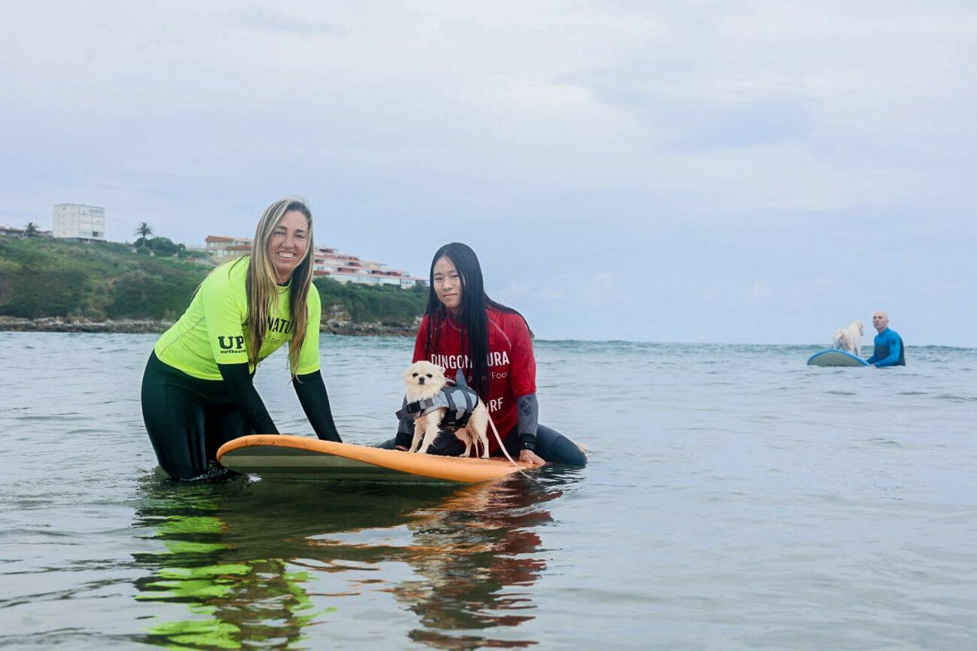 Dos de las participantes en el campeonato de Surf para perros posan en el entrenamiento. 