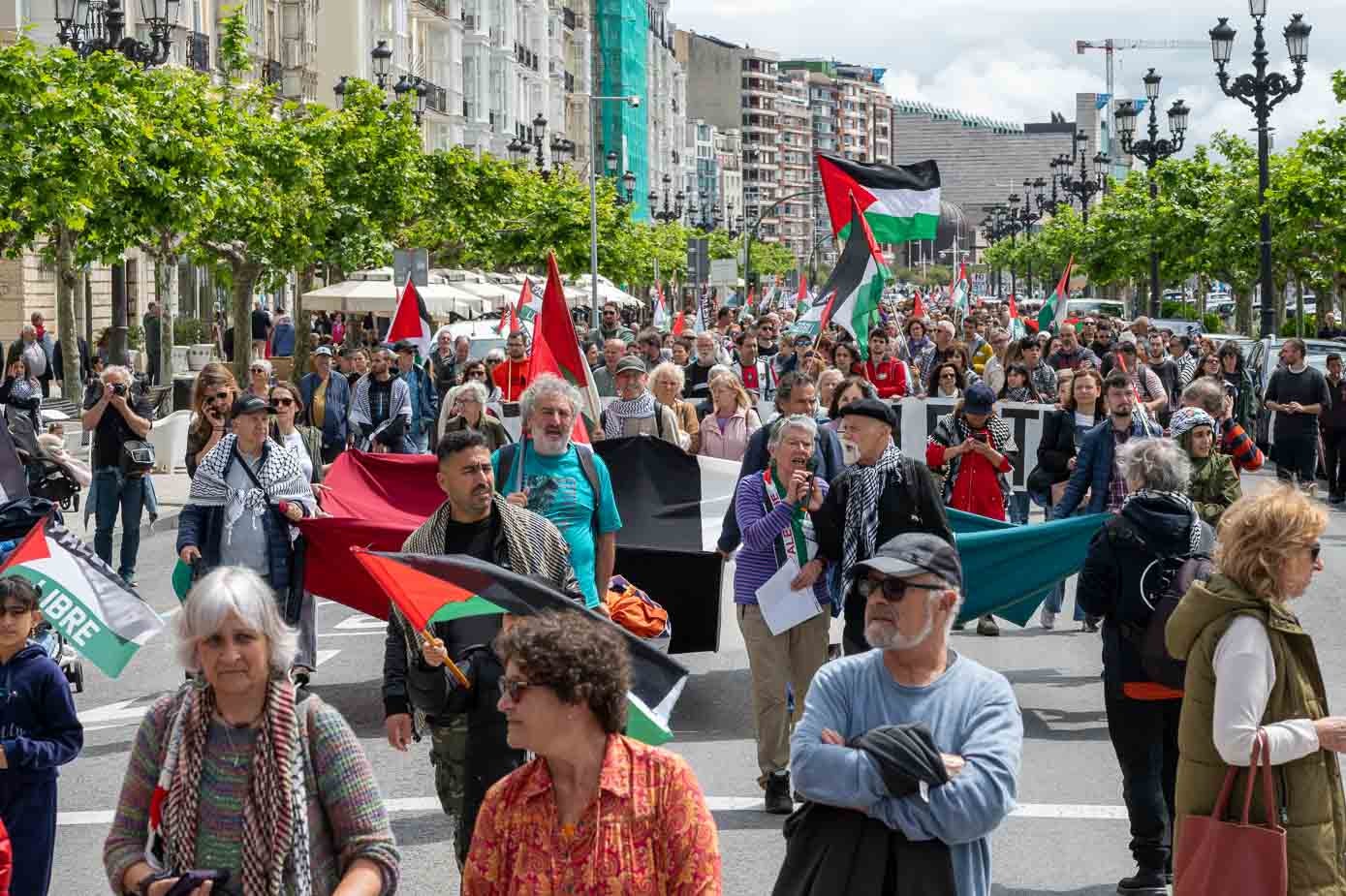 Los manifestantes portaron multitud de banderas palestinas. 