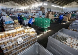 Voluntarios del Banco de Alimentos clasifican y colocan las donaciones recibidas en su almacén de Torrelavega