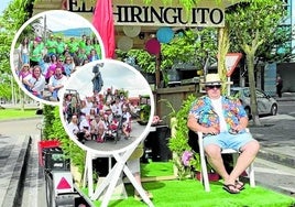 En primer término, una carroza en el desfile de Cueto. En detalle, imagen de las fiestas de Requejo (arriba) y una peña de Monte (debajo).