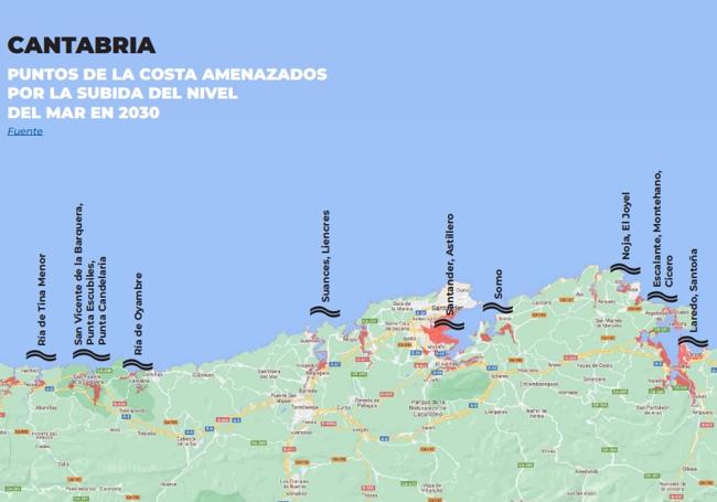 Mapa de las zonas que se verán más afectadas por el aumento del nivel del mar.