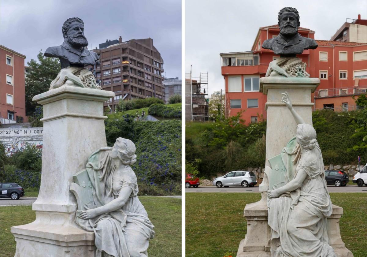 A la izquierda, la estatua este lunes 12 de agostos, sin brazos. A la derecha el mayo de 2022 cuando fue trasladada a Gamazo