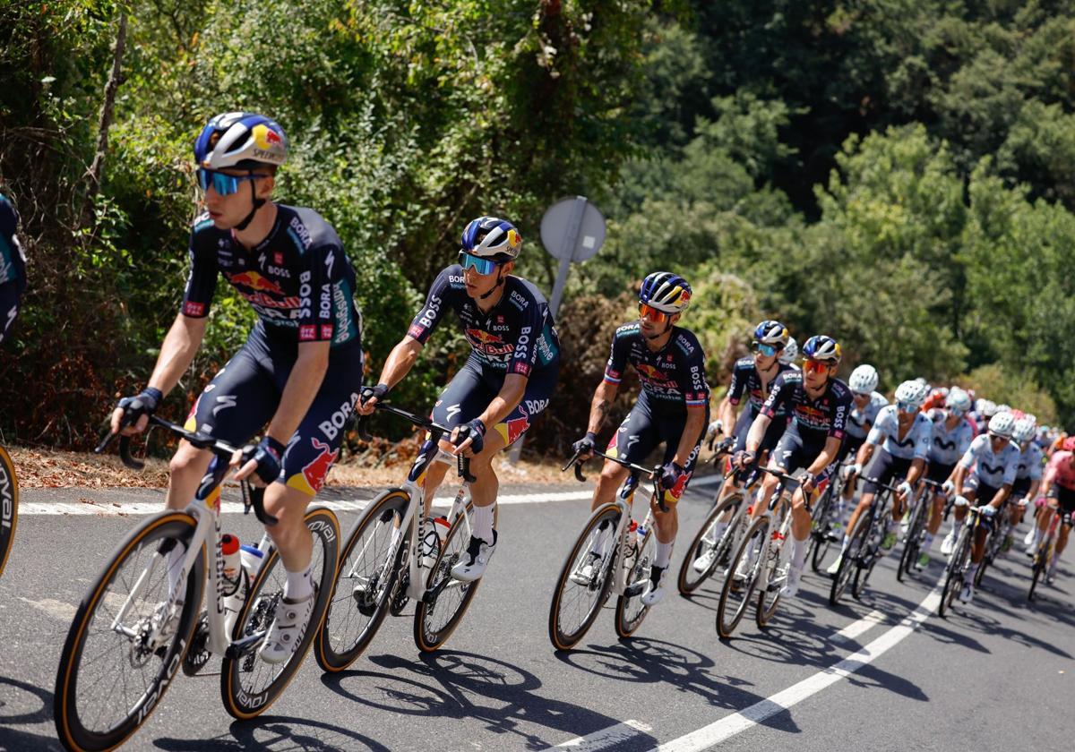 El equipo Bora, de Primoz Roglic, tirando del pelotón.