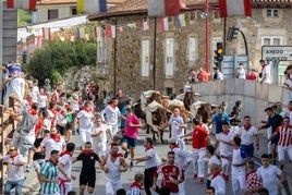 Momento de la carrera en el segundo encierro de Ampuero