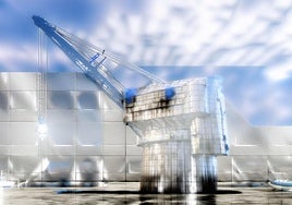 Una obra realizada por sobre la icónica imagen de la Grúa de Piedra.