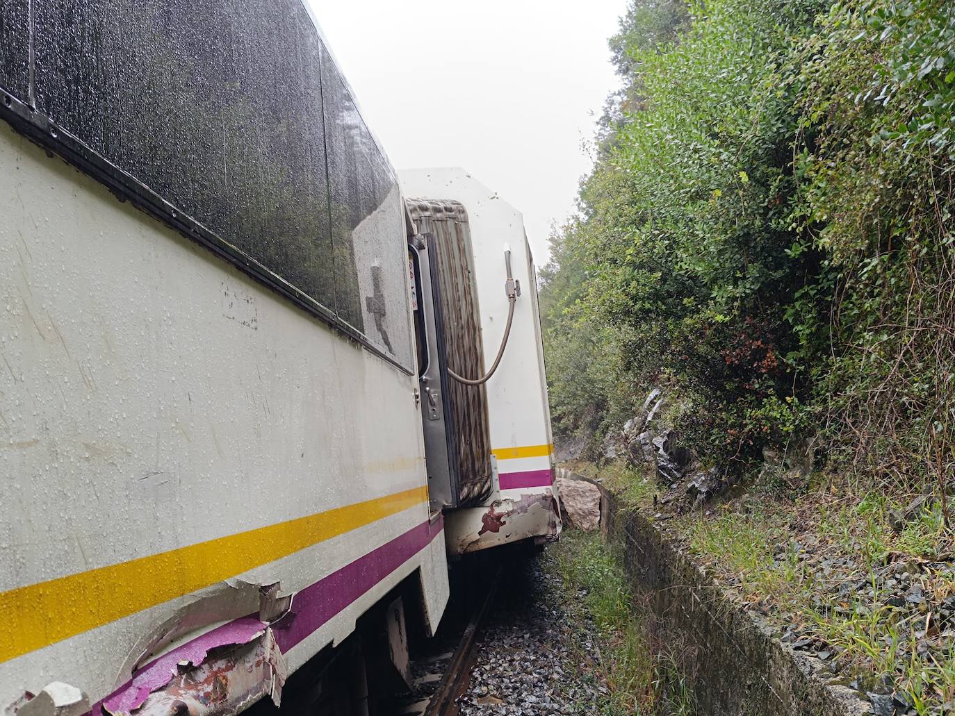 Boquetes en un lateral del tren por el impacto contra la roca