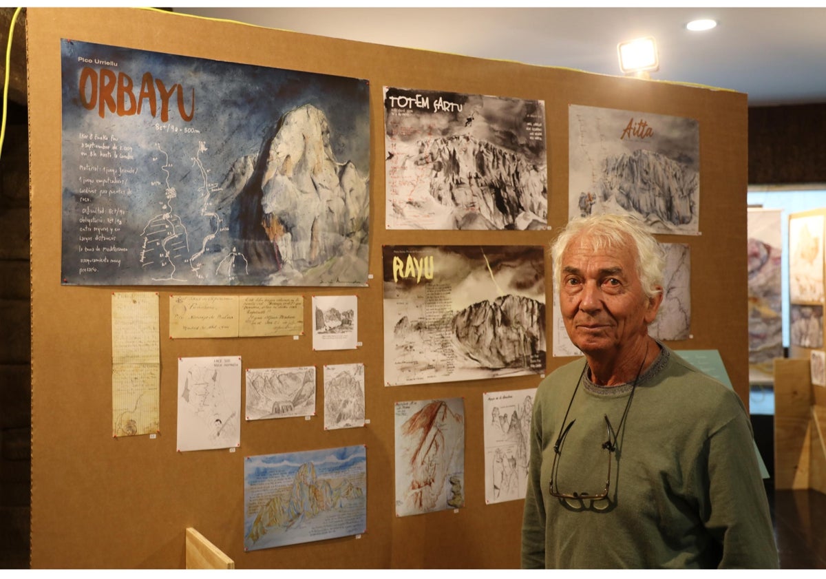 Imagen principal - Julio Villar, participante en la segunda ascensión a la oeste del Naranjo de Bulnes en 1963 y dos paneles que se muestran en la exposición