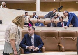 La bancada, del PP, durante el pleno del lunes. Delante, el consejero de Turismo, Luis Martínez Abad.